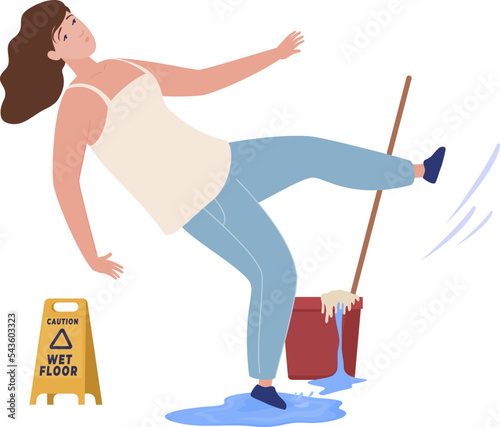 Woman slipped on puddle caution wet floor washing isometric vector illustration