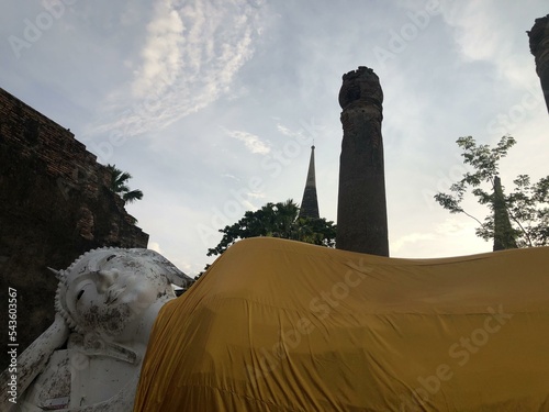 Wat Yai Chimongkol in Ayutthaya Thailand. October 10, 2020 at 5:15 p.m. : Reclining Buddha image which is enshrined The reclining Buddha image was built in the land of King Naresuan the Great to be us photo