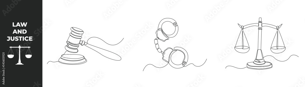 Single one line drawing law set concept. Judge's hammer on the block, handcuffs and dual balance Themis scales of justice. Continuous line draw design graphic vector illustration. Single one line drawing law set concept. Judge's hammer on the block, handcuffs and dual balance Themis scales of justice. Continuous line draw design graphic vector illustration.