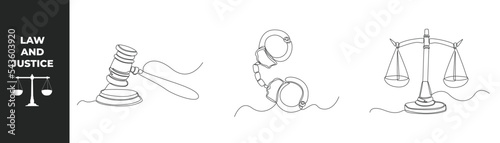 Single one line drawing law set concept. Judge's hammer on the block, handcuffs and dual balance Themis scales of justice. Continuous line draw design graphic vector illustration.