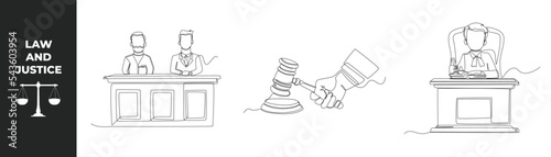 Single one line drawing law set concept. Lawyer, Law hammer, Judge is sitting on chair and writing on a notebook . Continuous line draw design graphic vector illustration.