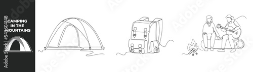 Continuous one line drawing summer camp set concept. Tent, Travel bag and Happy boy and girl sitting around bonfire and play guitar at night camp. Single line draw design vector graphic illustration.