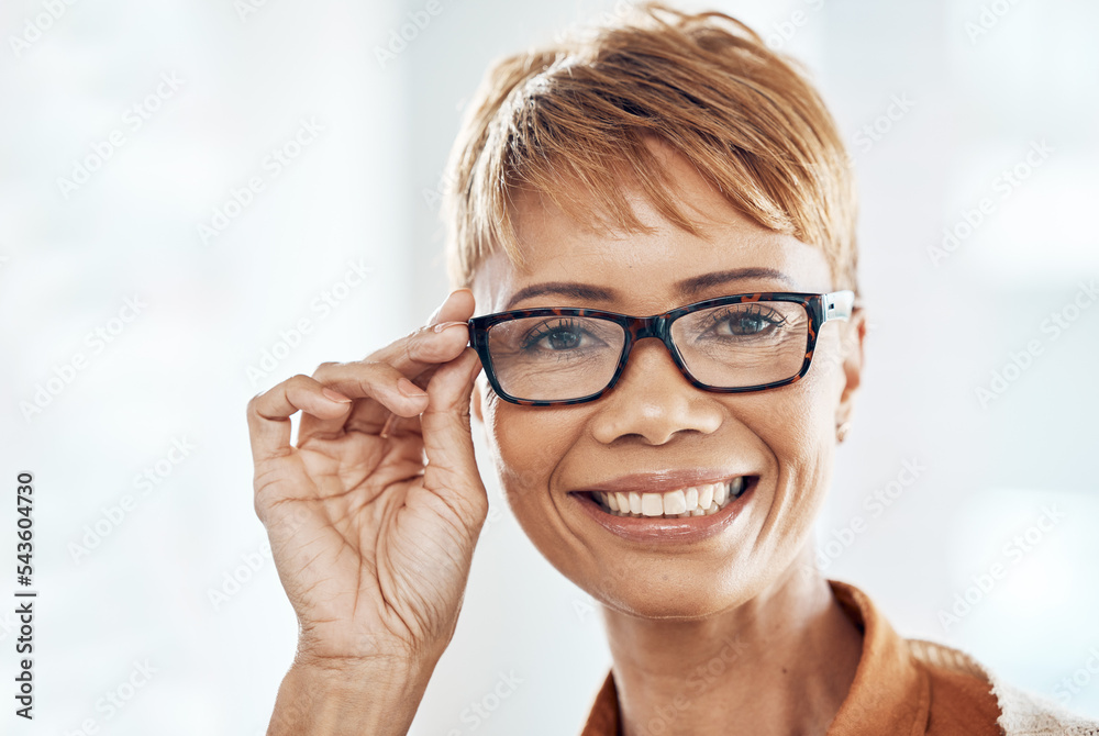 Black woman, portrait and glasses frame for vision, eyes and optical healthcare insurance for clinic exam, eye care consultation and test. Happy customer face, prescription spectacles and new frames