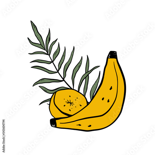 Tropical doodle composition with yellow bananas and palm leaves on a white background. Ideal for prints, sublimation, t shirt design, tote bag, invitation. Hand drawn vector illustration