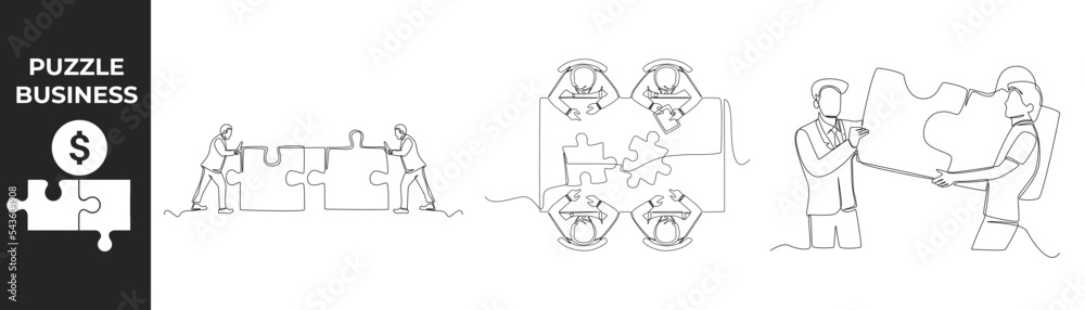 Single one line drawing business puzzle pieces set concept. Business team matching pieces of puzzle. Continuous line draw design graphic vector illustration.