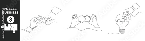 Single one line drawing business puzzle pieces set concept. Businessman hands matching pieces of puzzle. Continuous line draw design graphic vector illustration.