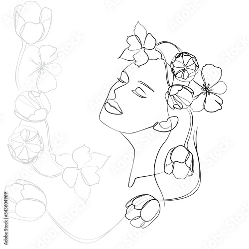 One line hand drawn vector art with beautiful woman face and flowers in elegant curve. Black isolated on white background. Modern simplistic design for fashion, wall art, print, tattoo, cover, card.
