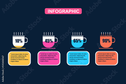 hot coffee infographic with percentage fill for presentation 4 options or steps. vector illustration.