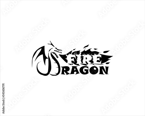 vector logo design of a dragon in a position spitting fire at the word "fire" from the letter "D" in the word "Dragon"
