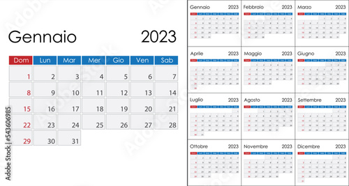 Calendar 2023 on italian language, week start on Sunday. Vector template