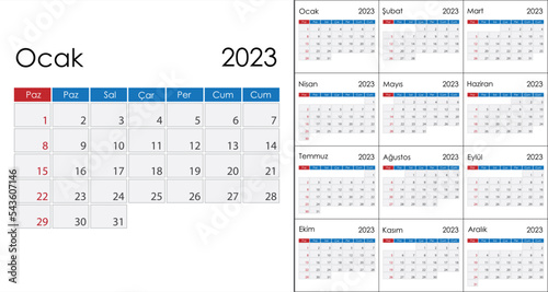 Calendar 2023 on Turkish language, week start on Sunday. Vector template