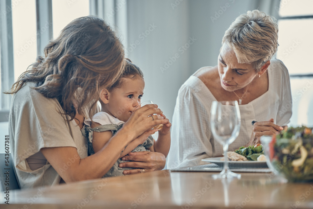 Family, children and food with a mother, grandmother and girl drinking juice while eating together. Kids, love and lunch with a woman, daughter and grandparent enjoying a meal while bonding at home Family, children and food with a mother, grandmother and girl drinking juice while eating together. Kids, love and lunch with a woman, daughter and grandparent enjoying a meal while bonding at home