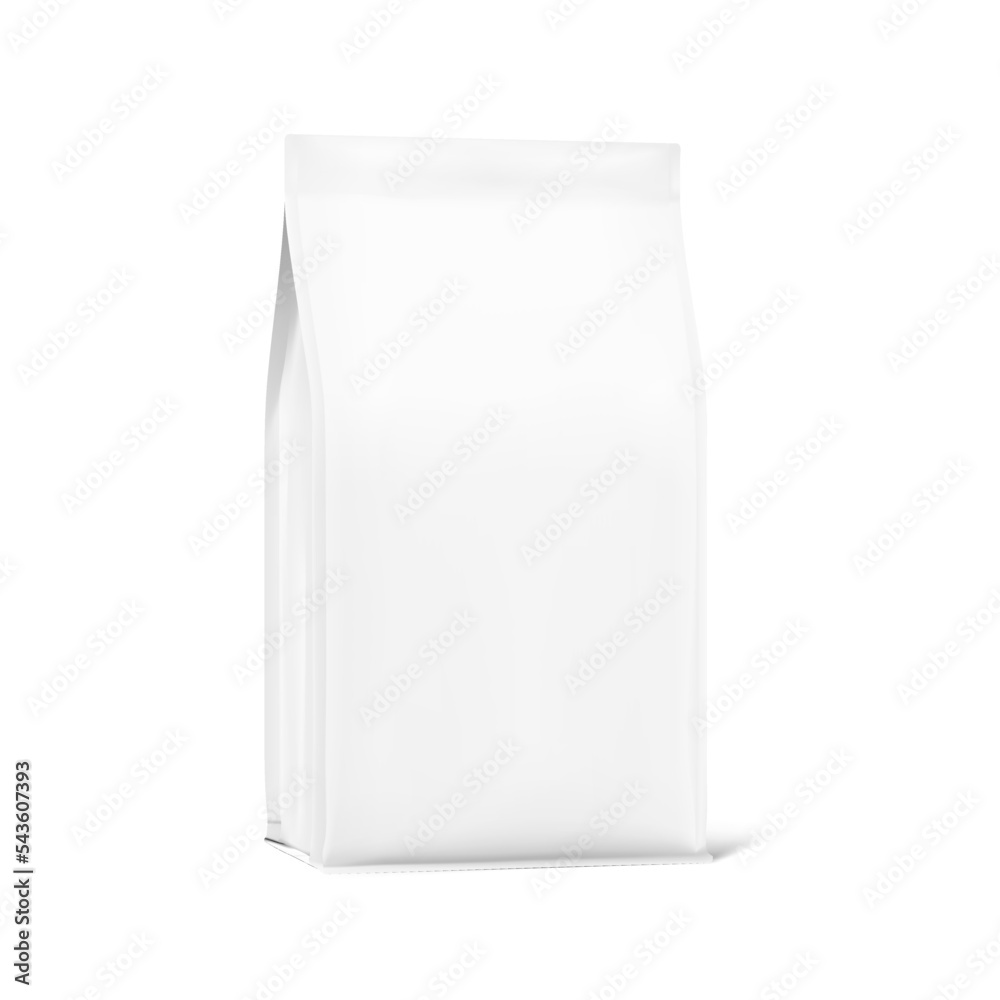 Bag with flat bottom and gusseted edge mockup. Vector illustration isolated on white background. Half side view. Can be use for your design, presentation, promo, ad. EPS10.	