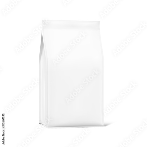 Bag with flat bottom and gusseted edge mockup. Vector illustration isolated on white background. Half side view. Can be use for your design, presentation, promo, ad. EPS10.	