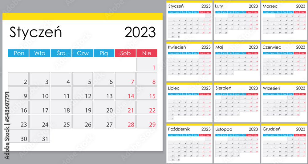 Calendar 2023 on Polish language, week start on Monday Calendar 2023 on Polish language, week start on Monday