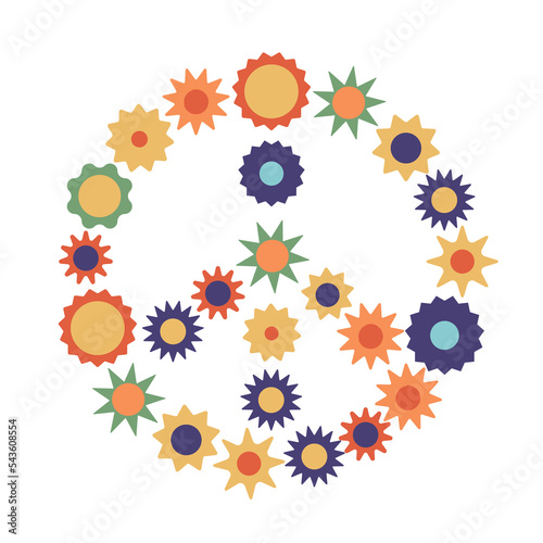 Flat vector hippy boho illustration. Hand drawn retro groovy flower pacific, peace symbol