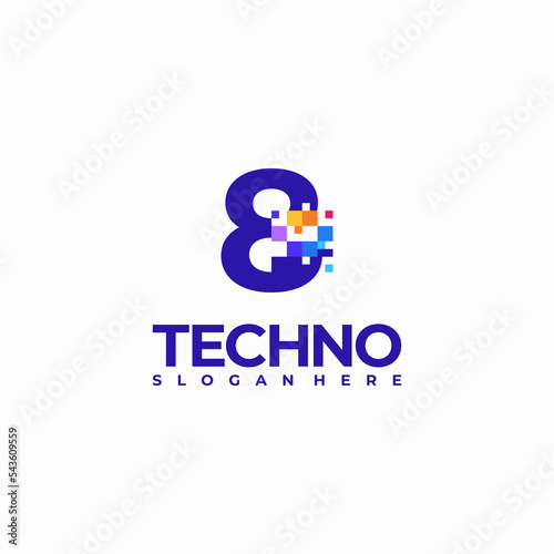8 Pixel Number Logo Design Template, Pixel Technology logo symbol concept
