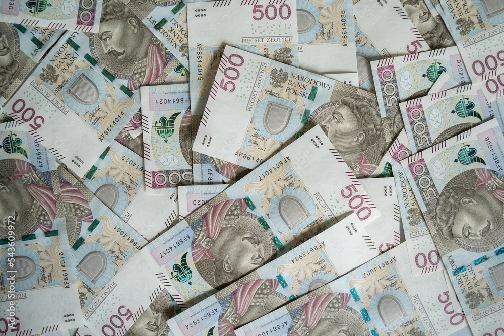 500 Polish zloty banknotes. PLN zł or złoty, the official currency of Poland. Five hundred złotych notes, paper bills obverse.