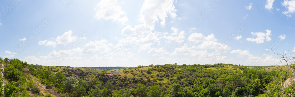 Panoramic view of Arbuzynsky canyon is a canyon near the Trykraty village, on the Arbuzynka river in the Voznesenskyi region of Mykolaiv Oblast of Ukraine