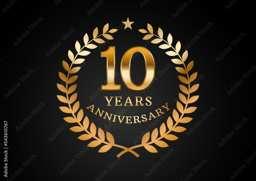Fototapeta premium Vector graphic of Anniversary celebration background. 10 years golden anniversary logo with laurel wreath on black background. Good design for wedding party event, birthday, invitation, brochure, etc