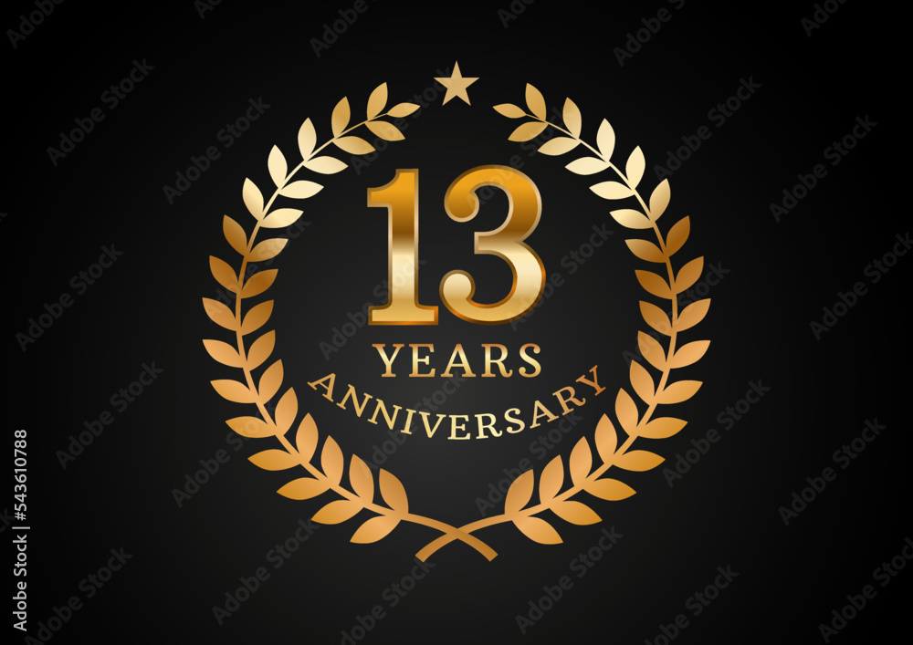 Naklejka premium Vector graphic of Anniversary celebration background. 13 years golden anniversary logo with laurel wreath on black background. Good design for wedding party event, birthday, invitation, brochure, etc