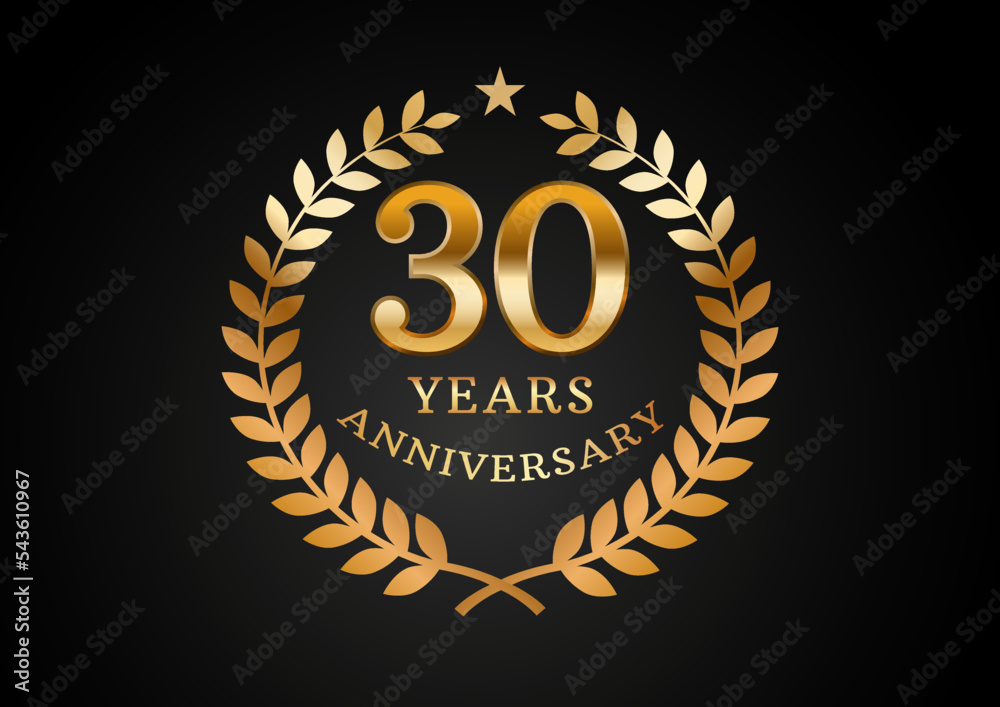 Fototapeta premium Vector graphic of Anniversary celebration background. 30 years golden anniversary logo with laurel wreath on black background. Good design for wedding party event, birthday, invitation, brochure, etc