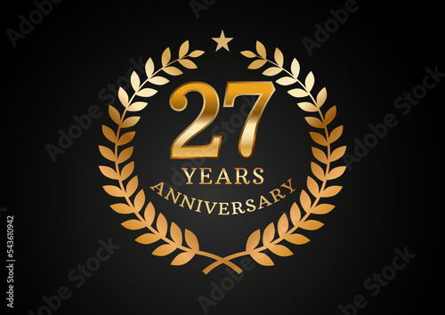 Vector graphic of Anniversary celebration background. 27 years golden anniversary logo with laurel wreath on black background. Good design for wedding party event, birthday, invitation, brochure, etc