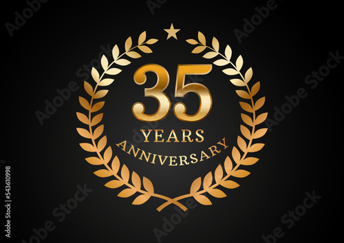 Vector graphic of Anniversary celebration background. 35 years golden anniversary logo with laurel wreath on black background. Good design for wedding party event, birthday, invitation, brochure, etc