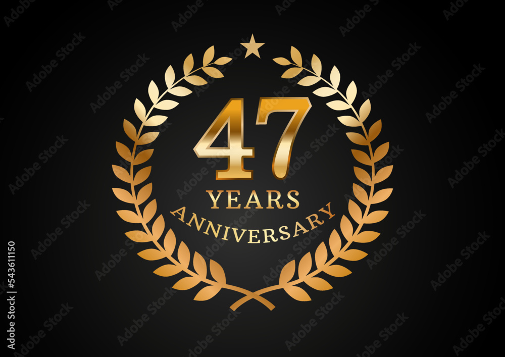 Vector graphic of Anniversary celebration background. 47 years golden anniversary logo with laurel wreath on black background. Good design for wedding party event, birthday, invitation, brochure, etc Vector graphic of Anniversary celebration background. 47 years golden anniversary logo with laurel wreath on black background. Good design for wedding party event, birthday, invitation, brochure, etc