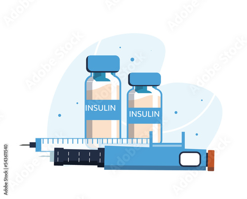 Diabetes control concept. Diabetes devices with insulin ampoule. Syringe with insulin pen and vial of insulin flat style icon. Concept of vaccination, injection isolated vector illustration.