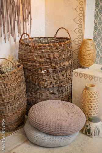 large wicker baskets near the wall middle east home interior details