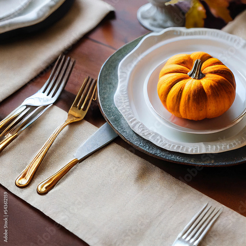 Serving for Thanksgiving dinner with napkin, cutlery and pumpkins top view