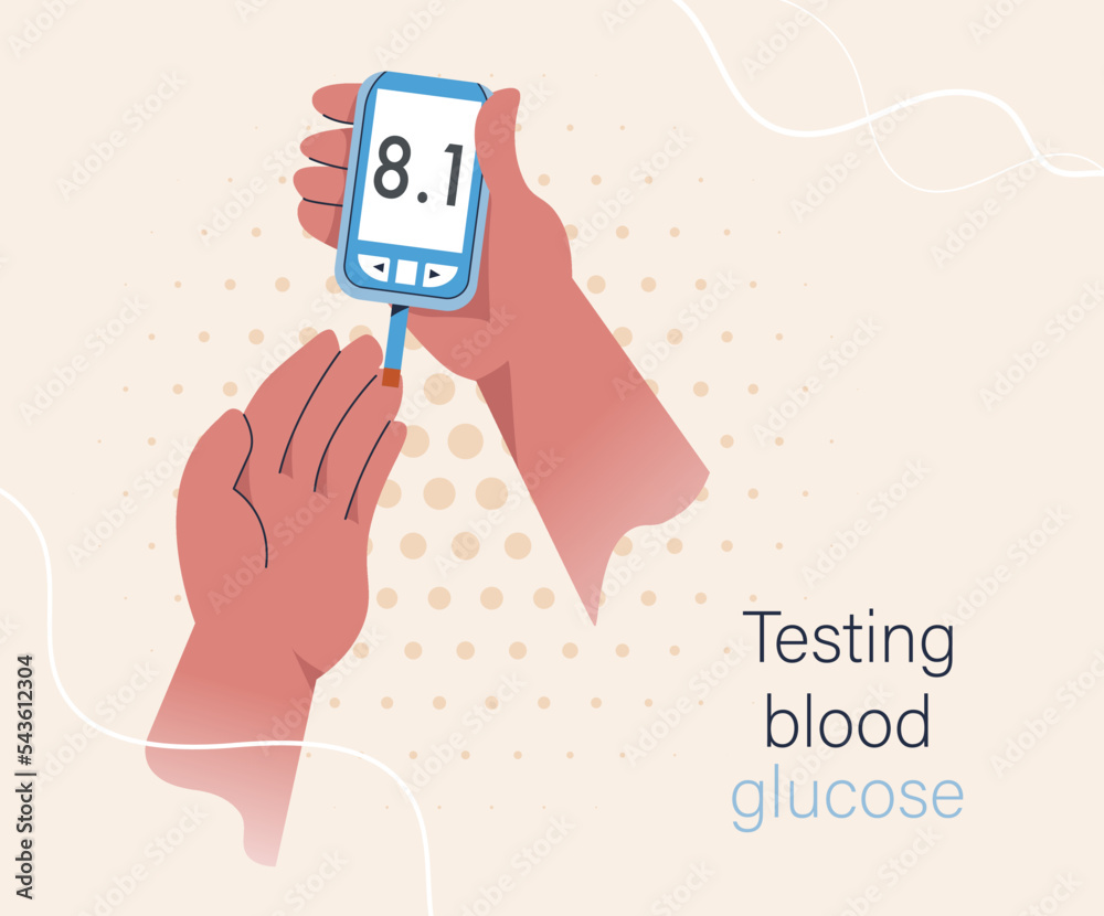 Blood glucose test. Hands hold and measures sugar level by