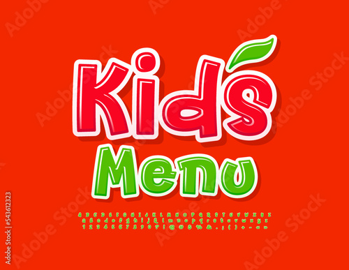 Vector payful emblem Kids Menu. Funny Green Font. Creative Alphabet Letters and Numbers set photo