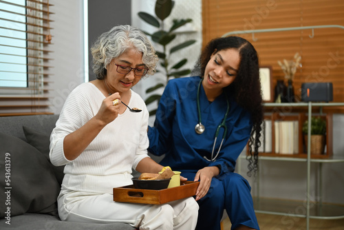 Attentive professional female caregiver taking care of elderly woman. Elderly healthcare concept