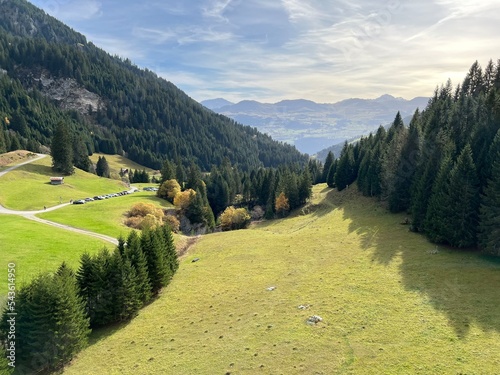 Magnificent autumn colors in the surroundings of mountain pastures and mixed forests next to the Swiss alpine reservoir lake Panixersee (Lag da Pigniu) - Canton of Grisons (Kanton Graubünden, Schweiz) photo