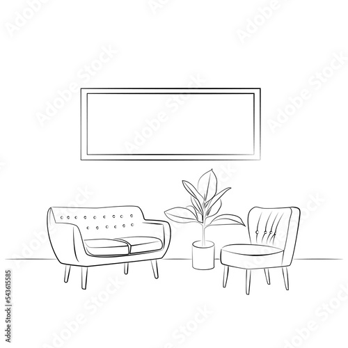 Interior design with modern living room in black sketch line on white background, vector, illustration