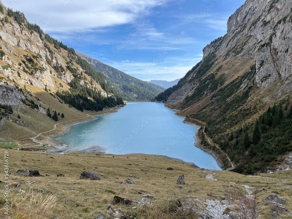The reservoir lake Panixersee (Lag da Pigniu) or Panixer Lake on the slopes of the Glarus Alps mountain massif, Pigniu-Panix - Canton of Grisons, Switzerland (Kanton Graubünden, Schweiz)