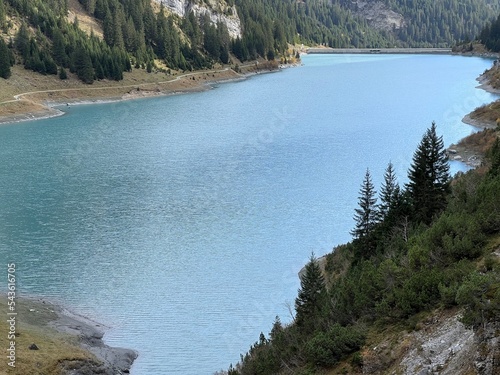 The reservoir lake Panixersee (Lag da Pigniu) or Panixer Lake on the slopes of the Glarus Alps mountain massif, Pigniu-Panix - Canton of Grisons, Switzerland (Kanton Graubünden, Schweiz) photo