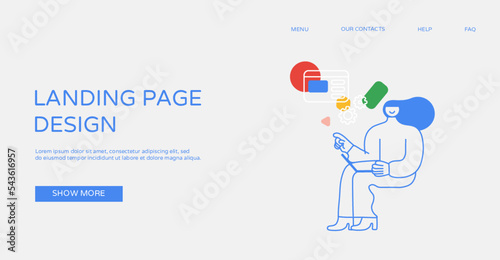 Web design Modern concept doodle linear style with abstract shapes, girl working on project, office worker, Employee, Digital marketing, ecommerce, online web services, business abstract, technology