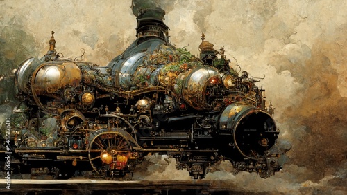 Steam Locomotive with Steampunk, Giant steam train on Blurred background