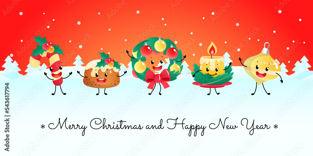 Merry Christmas card and Happy New Year card. Winter holiday illustration of a candy, a pudding, a fir tree wreath, a candle and a decoration on a background of a winter landscape. Merry Christmas card and Happy New Year card. Winter holiday illustration of a candy, a pudding, a fir tree wreath, a candle and a decoration on a background of a winter landscape.