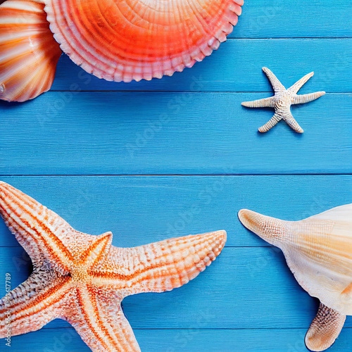 Seashell, starfish and beach sand on blue wooden background