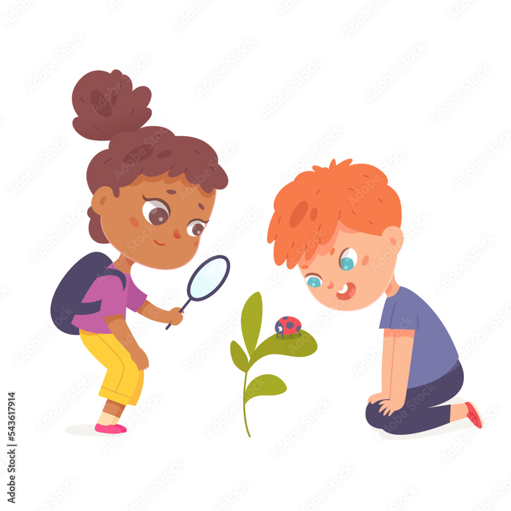 School children holding magnifying glass to watch ladybug on green plant in yard, garden School children holding magnifying glass to watch ladybug on green plant in yard, garden