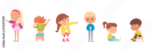 Kids dressing up set, isolated confident adorable girls and boys put up clothes by himself