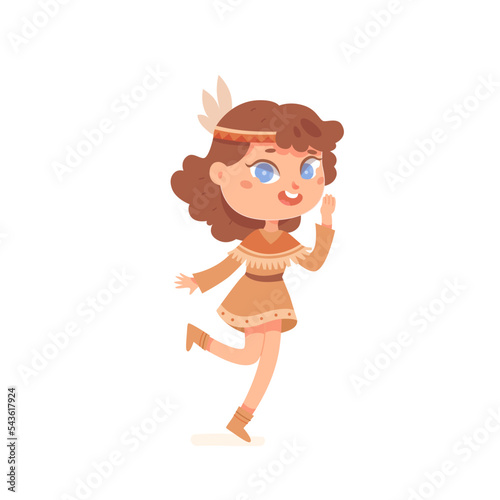 Cute kid dancing American Indian tribal dance, happy girl in traditional native dress