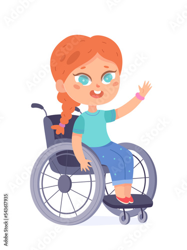 Cute kid sitting in wheelchair, happy disabled child waving hand from medical chair