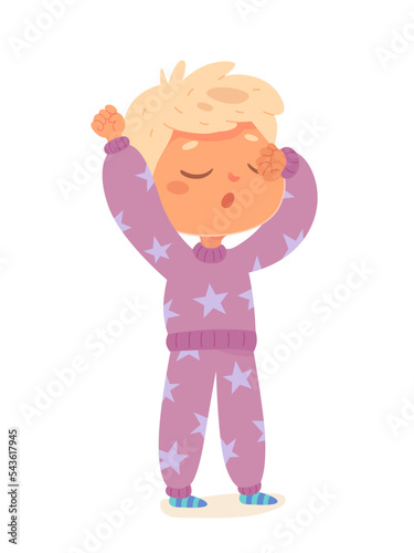Cute sleepy boy in pajamas yawning, kid waking up in morning after sleeping in bed