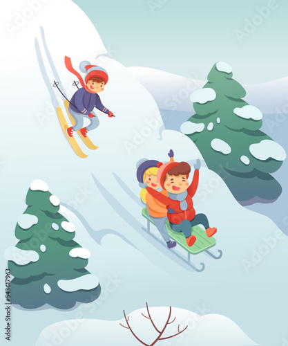 Kids ride sled, slide on ski in winter mountain, happy child skiing, activity and leisure
