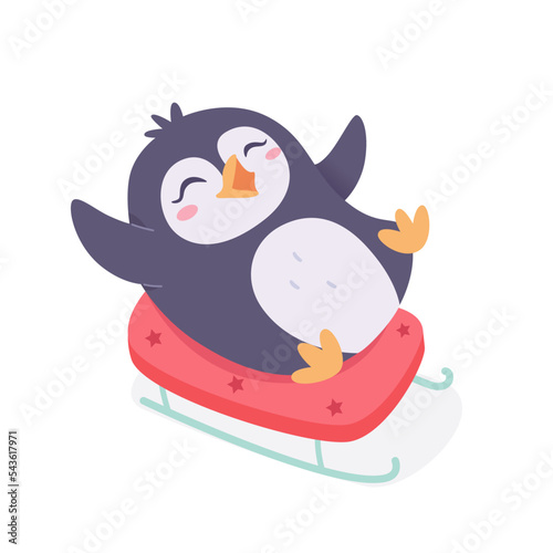Cute penguin sledding in winter, baby penguin sledging, fun ride downhill of happy animal